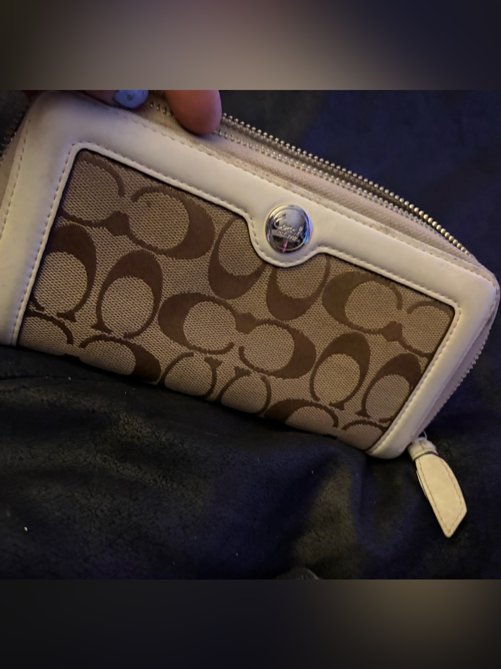 Coach Zip Around Signature Canvas Wallet in Brown and Cream Trim
